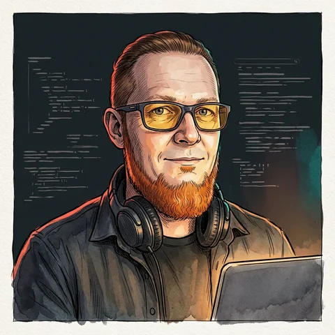 Ink and watercolor portrait of Vlad, lead SEO and co-founder of BigRed, wearing amber computer glasses and headphones